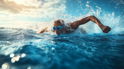 A determined swimmer wearing goggles powers through the water, performing a freestyle stroke in the open sea under a clear sky, creating dynamic splashes.