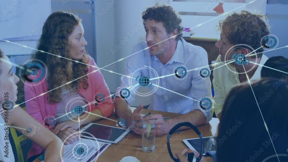 Poster animation of network of connections with icons over diverse colleagues discussing work in office