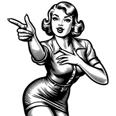 retro woman, pointing with confidence and style, capturing 1950s flair sketch engraving generative ai fictional character PNG illustration. Scratch board imitation. Black and white image.