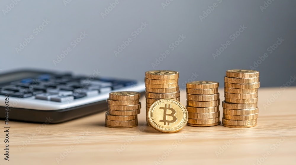 Aufkleber stacks of gold coins representing bitcoin with a calculator in the background symbolizing financial 