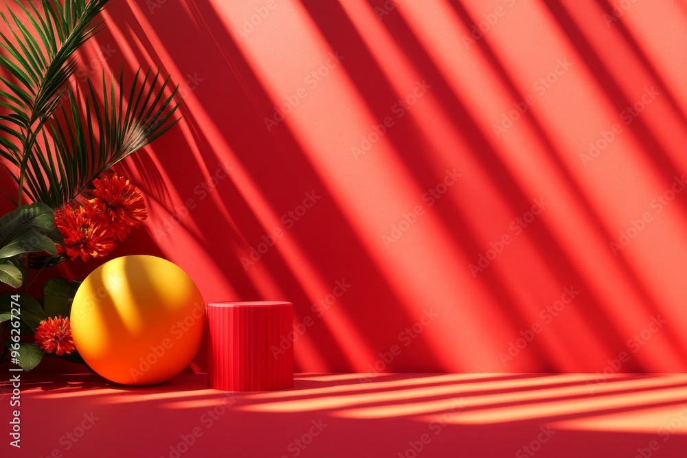Poster this abstract background features a red surface with geometric shapes and palm leaves. the scene is 