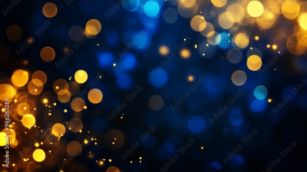 Poster this abstract background features a blend of blue and gold bokeh lights, creating a sense of warmth,