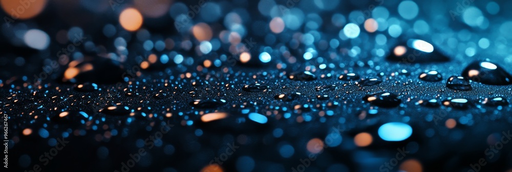 Poster This abstract image captures the beauty of water droplets on a dark surface. The droplets are illuminated by bokeh lights, creating a mesmerizing effect. The image symbolizes the interplay of light an