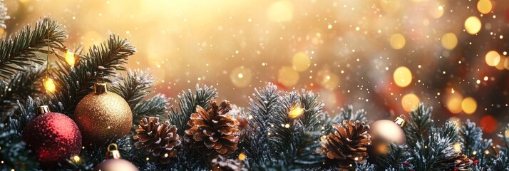 Obraz premium A festive Christmas greeting card with pine cones, Christmas tree branches and ornaments
