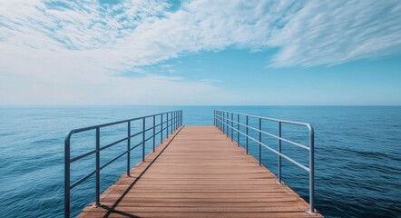 Calm wooden pier extending over tranquil blue waters under a clear sky at midday