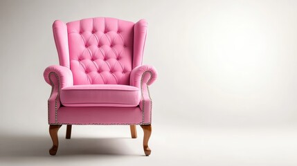 This image features a beautiful pink wingback armchair, upholstered in a luxurious fabric and accented with decorative buttons. The chair is isolated on a white background, creating a clean and elegan