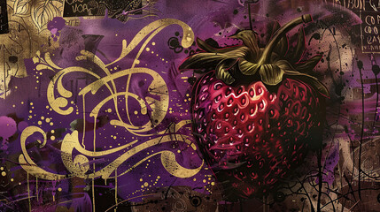 Obraz premium red, strawberry, vintage background, blackberries, blueberries, berries, products, enginer, generative, ai, steampunk, background, clockwork, brooch, blue, goold, christmas, ball, glass, decoration, g