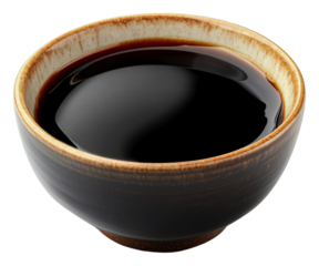 PNG Bowl of dark soy sauce on a wooden table