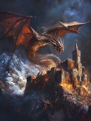 A fierce dragon with fiery wings and scales is attacking a medieval castle perched atop a mountain. The dragon's fiery breath burns the castle's walls