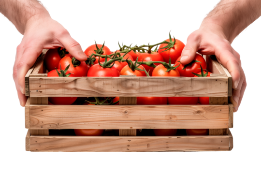 Farmer's hands hold tomato in a box on a white or transparent background. Close-up of tomato in hands. Side view. Trading tomatoes at the market