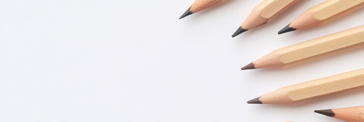 Obraz premium A flat lay image of wooden pencils arranged on a white background. The pencils are positioned in a diagonal pattern