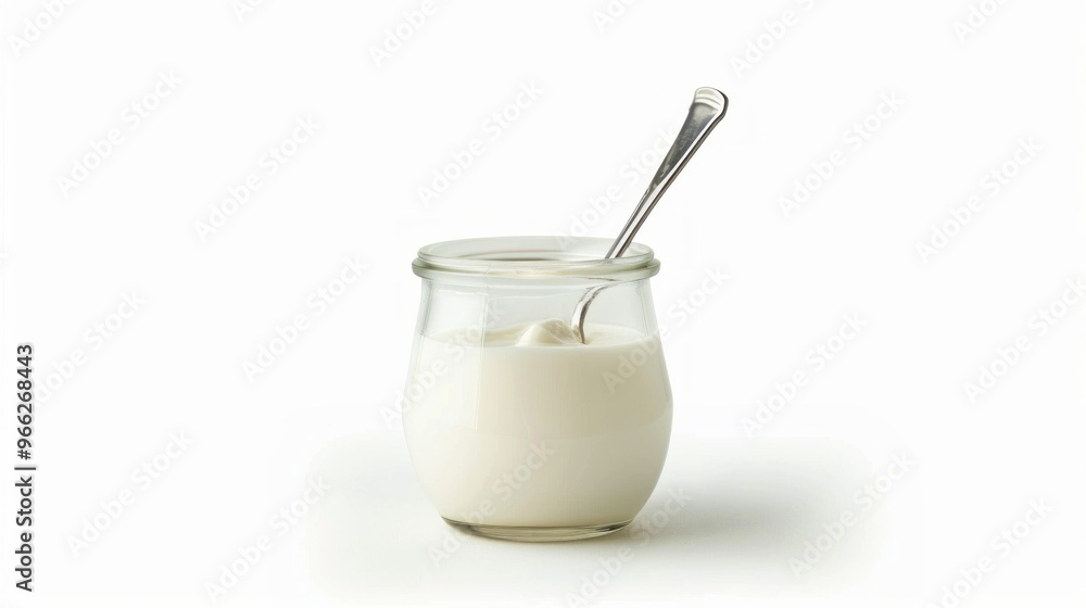 Poster A small glass jar filled with creamy yogurt sits elegantly on a clean white background. This photo captures simplicity and freshness. Perfect for food blogs and healthy living. AI