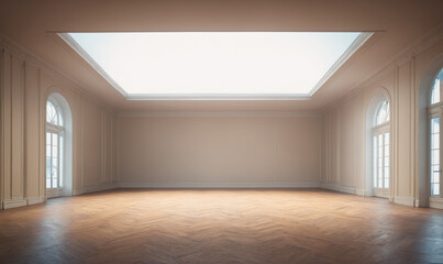 A large, empty room with a skylight and hardwood floors