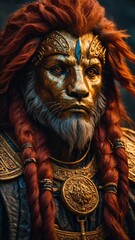 Obraz premium Middle-aged Caucasian man with long, wild red hair and thick beard, wearing ornate golden armor and jewelry, with stern and intense expression on his face