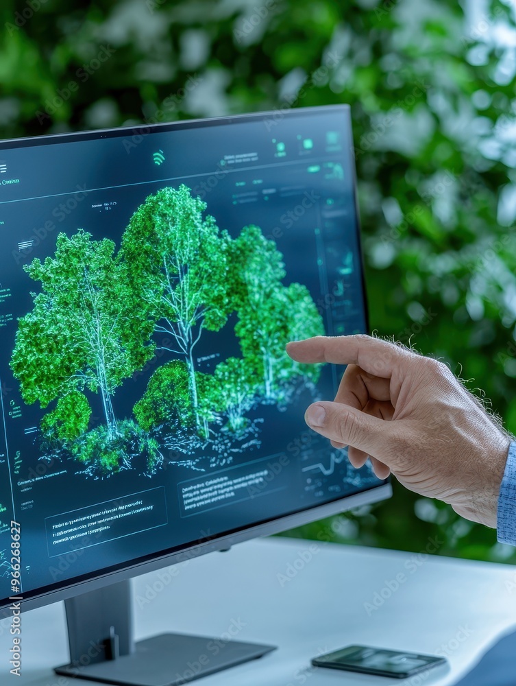 Poster An individual interacts with a digital display showing vibrant tree models, encapsulating modern technology and nature.