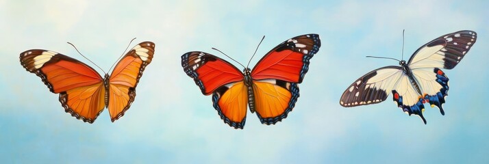 Three butterflies of different colors and patterns are shown in flight against a soft blue sky. The vibrant colors and delicate wings represent beauty, transformation, and freedom.