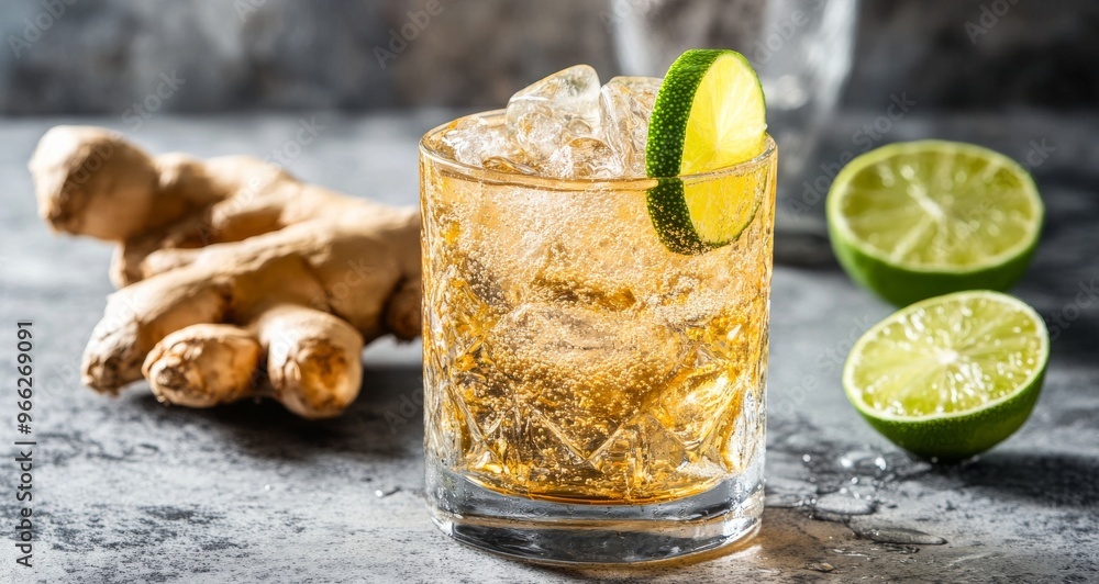 Poster refreshing ginger lime drink with ice and lime slices on a table with fresh ginger