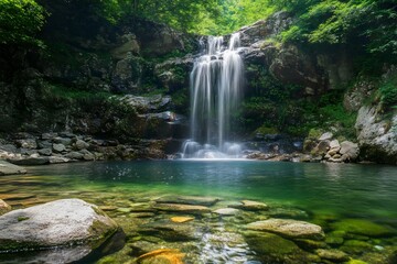 Hidden waterfall oasis in a secluded natural environment, where crystal clear waters invite exploration and a sense of adventure