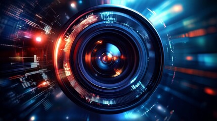 A futuristic camera lens design with glowing elements, symbolizing innovation, technology, progress, vision, and future., A futuristic camera lens design with glowing elements, symbolizing innovation