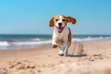 A beagle puppy joyfully runs on a sandy beach, with ocean waves in the background and a clear blue sky. Concept of happiness and freedom, pets