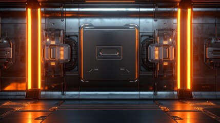 Obraz premium A futuristic metallic wall with glowing orange accents. The design evokes concepts of technology, innovation, energy