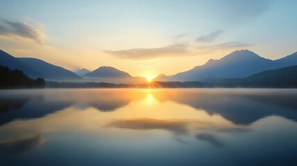 Majestic lake at sunrise with calm waters reflecting the surrounding mountains and the sky, creating a peaceful and serene atmosphere in the heart of nature.