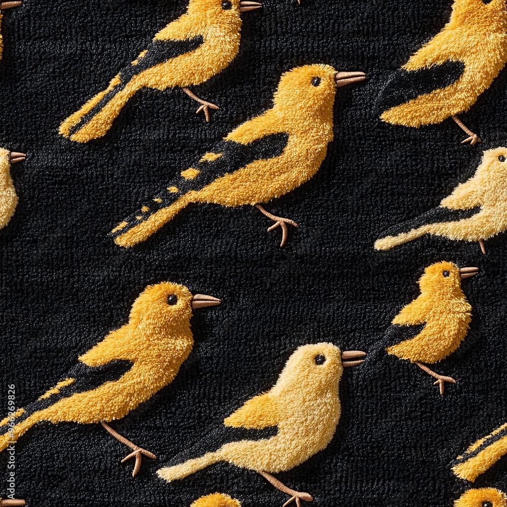 Poster delicate yellow birds rest against a dark backdrop forming a lively and inviting pattern