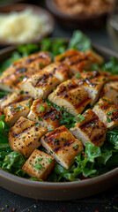 Classic Chicken Caesar Salad with Romaine, grilled chicken, Parmesan, croutons, and yogurt dressing