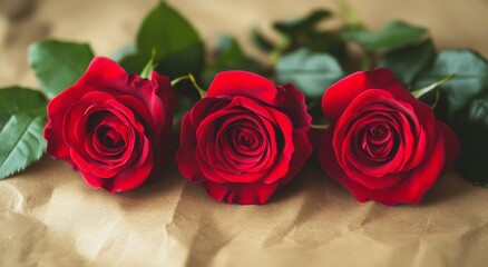 Fresh red roses arranged elegantly on a textured surface for a romantic setting or gift