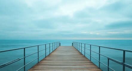 Calm wooden pier extending over tranquil blue waters under a clear sky at midday