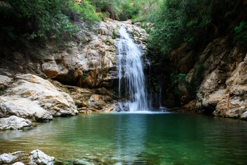 Fototapeta premium Tranquil waterfall in a lush forest setting with crystal clear waters, inviting peaceful contemplation and a connection with nature