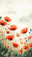 Fototapeta premium Poppy meadow, flat design, side view, countryside theme, watercolor, vivid