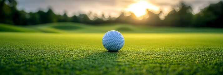A golf ball sits on the edge of a hole on a lush green golf course, with the sun setting in the background. The image symbolizes success, precision, and the beauty of the game of golf.