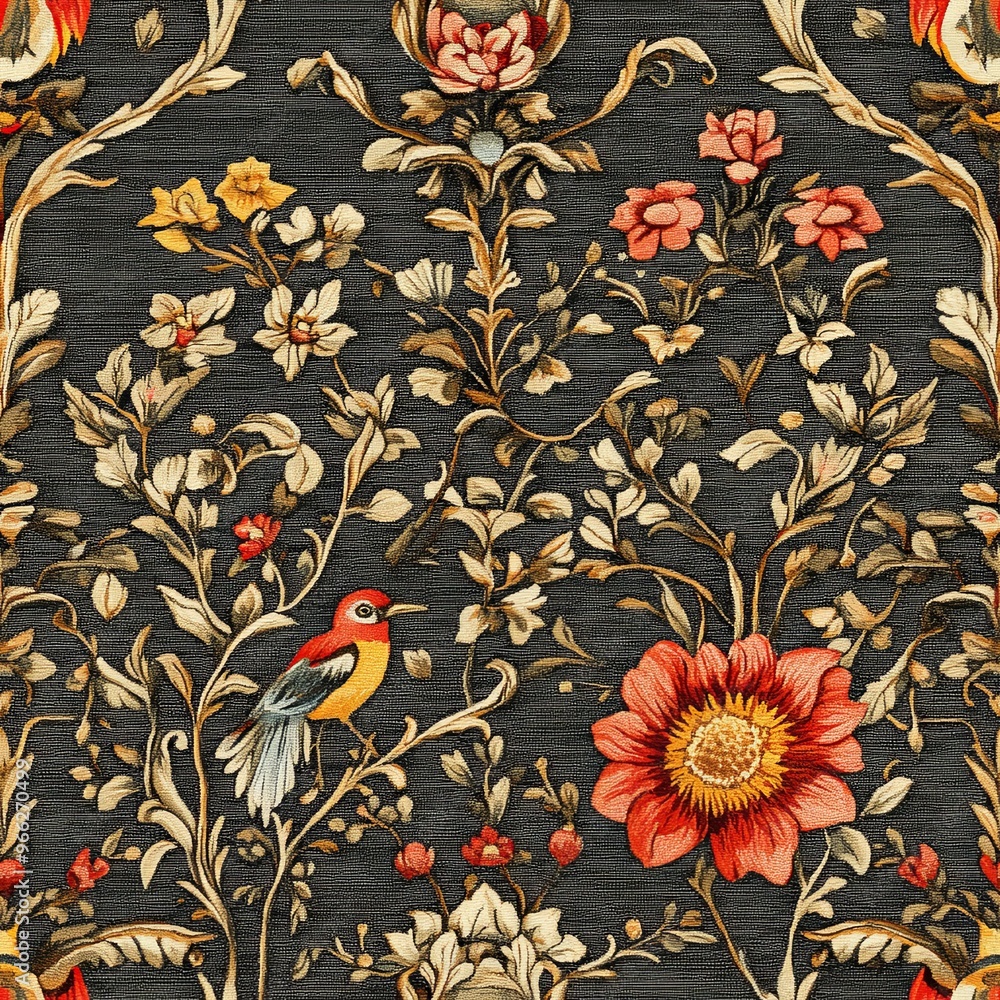Poster delicate floral designs and charming birds create a captivating repeatable background pattern