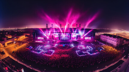 Aerial view of a vibrant music festival at night with a large crowd and illuminated stage