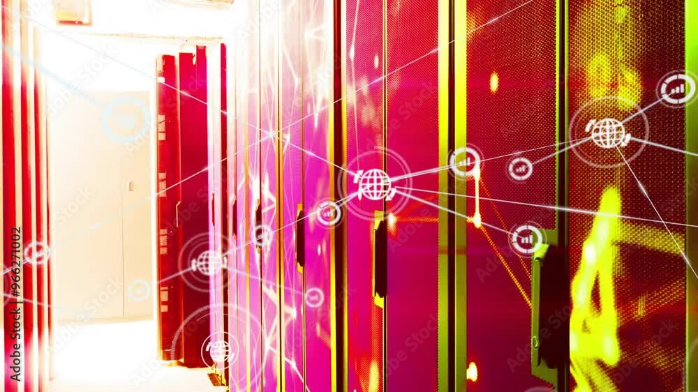 Aufkleber animation of network of connections with icons over server room
