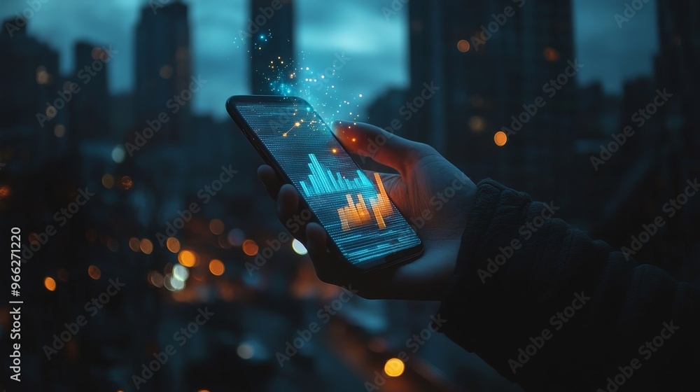 Poster a hand holds a smartphone with a glowing graph and data analysis displayed on the screen. the phone 