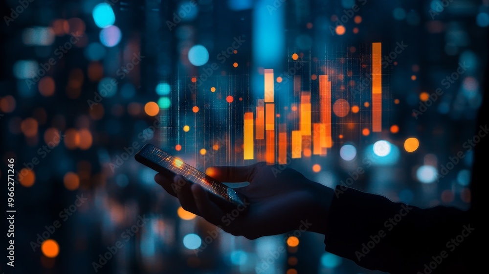 Poster a hand holds a smartphone with a glowing graph rising above it, symbolizing data analytics, financia