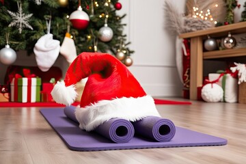 Fototapeta premium Close-Up of Festively Decorated Home with Yoga Mat and Santa Hat Inspiring Healthy Lifestyle and New Year Resolutions