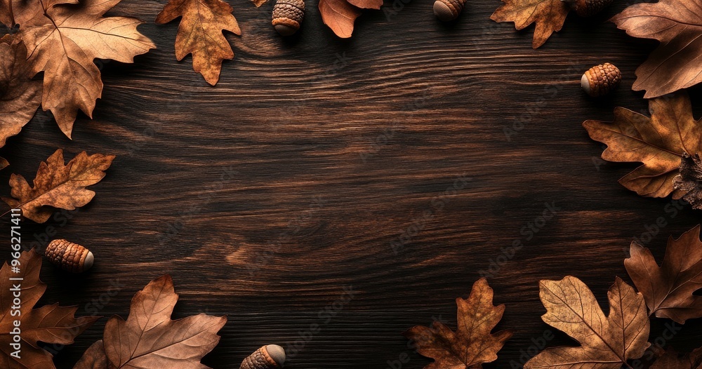 Poster autumn leaves and acorns arranged on a rustic wooden table creating a seasonal display