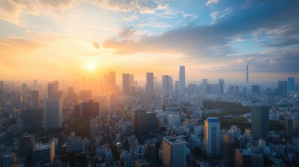 Fototapeta premium Beautiful city with a wide-lens perspective, under a clear sky with clean air, surrounded by nature, blending architectural beauty with environmental serenity.
