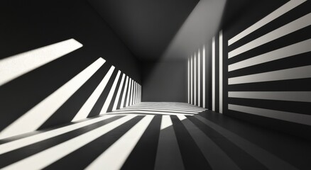 Naklejka premium Sunlight creates striking shadows in a minimalist room with contrasting wall patterns