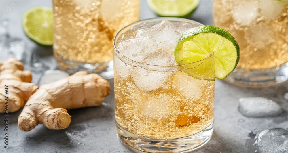 Poster refreshing ginger lime drink with ice and lime slices on a table with fresh ginger