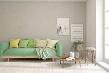 White living room with sofa. Scandinavian interior design. 3D illustration