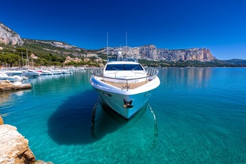 A small cruise ship docked in Cassis harbor, with passengers boarding for a scenic tour of the nearby Calanques National Park