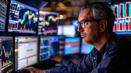 Obraz premium A professional trader analyzing stock market data on multiple monitors, focused on financial growth and wealth building.