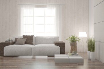 White living room with sofa. Scandinavian interior design. 3D illustration