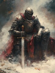 Fototapeta premium A lone knight, clad in weathered armor, sits with a sword resting in front of him. He embodies strength, perseverance, and a touch of melancholy