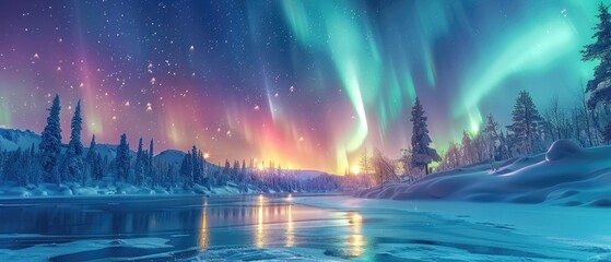 Vibrant aurora borealis illuminating a serene winter landscape with snow-covered trees and a tranquil, reflective lake under a starry night sky.
