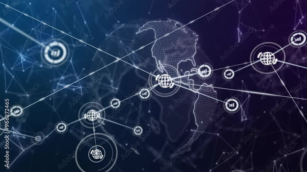 Poster animation of network of connections with icons over globe on black background